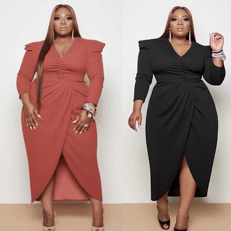 Plus Size Autumn Women Clothing Dress V-neck Asymmetric Skirt Long Sleeve Solid Color Split Dress