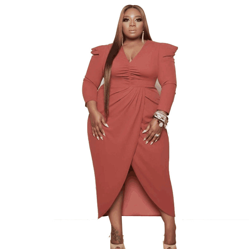 Plus Size Autumn Women Clothing Dress V-neck Asymmetric Skirt Long Sleeve Solid Color Split Dress