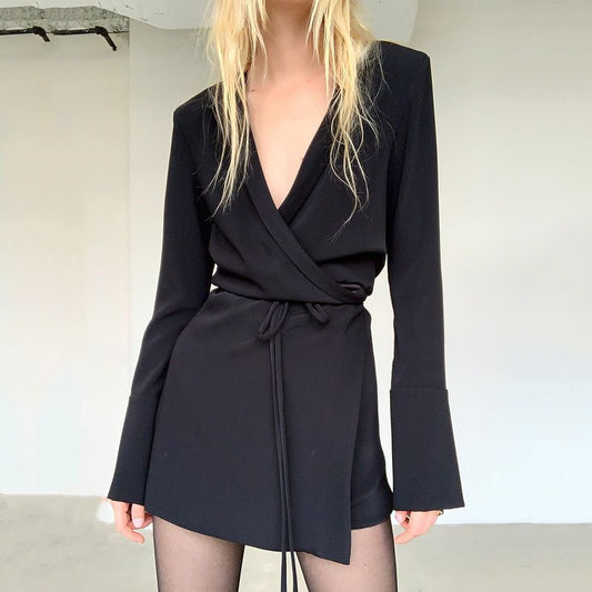 Special-interest Design Simple Style Dress Women Clothing Sexy Deep V Long Sleeve Lace Up Waist