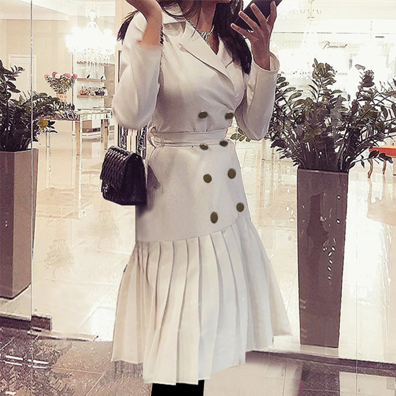 Vintage Pleated Belt Dress Women Notched A-line Long Sleeve Midi Office Dress Patchwork Bottom White Dress Autumn