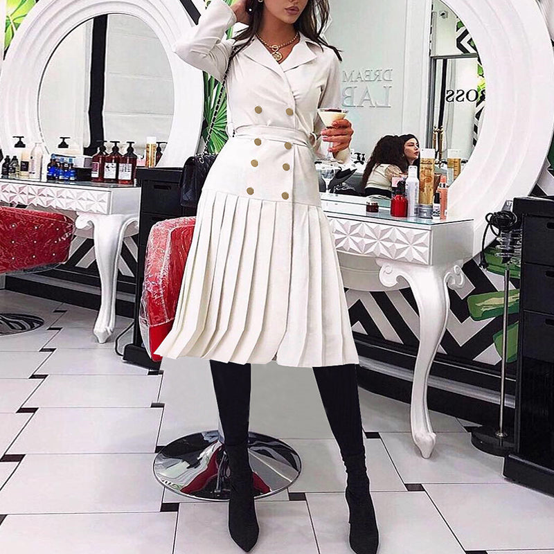 Vintage Pleated Belt Dress Women Notched A-line Long Sleeve Midi Office Dress Patchwork Bottom White Dress Autumn