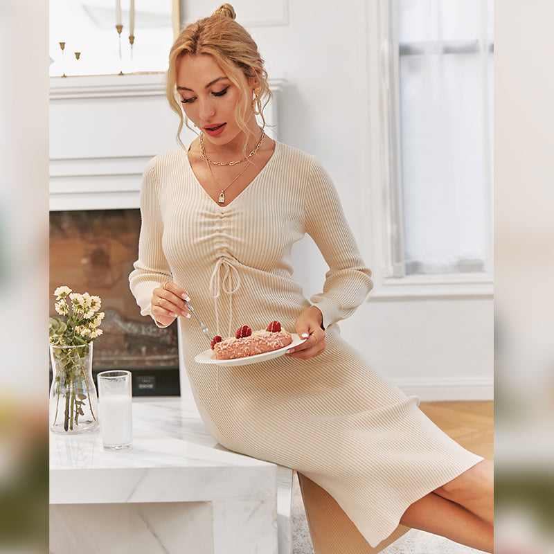 Holiday Lace Up V-Neck Lantern Sleeves Knitted Dress Women Elegant Split Shirring Maxi Vestidos Apricot Sweater Dresses