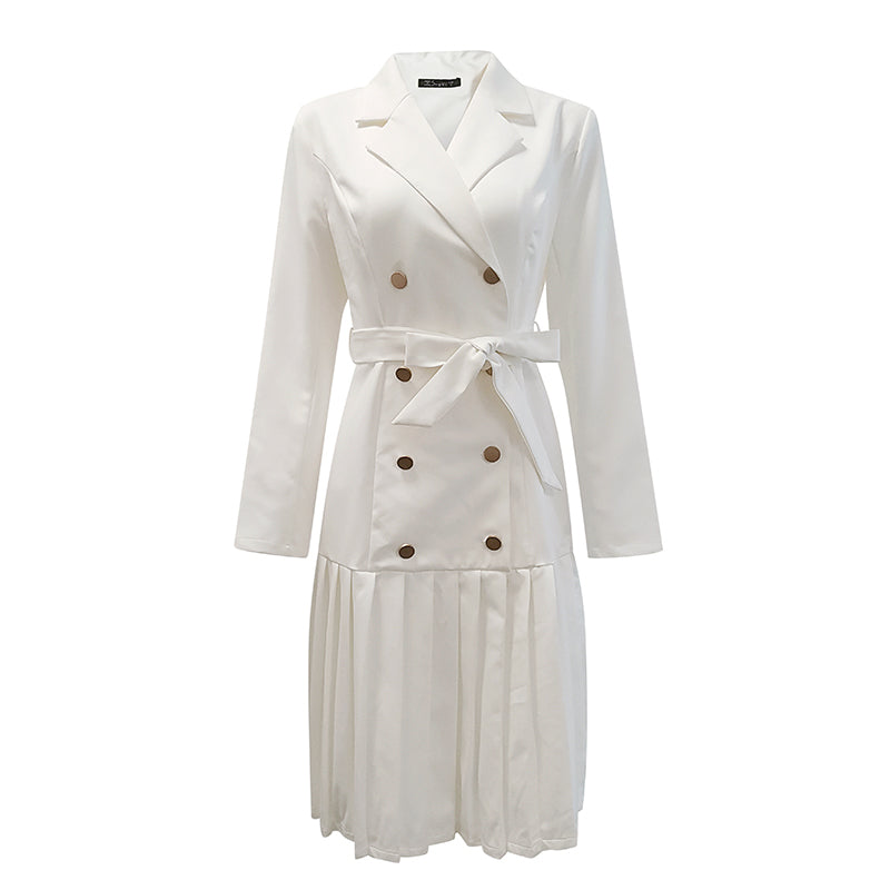 Vintage Pleated Belt Dress Women Notched A-line Long Sleeve Midi Office Dress Patchwork Bottom White Dress Autumn