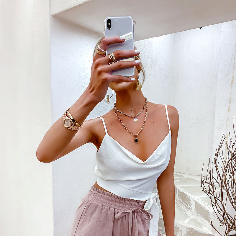 Elegant solid v-neck sleeveless tanks women Sexy bow sash party camis female Backless lady short tops light luxury