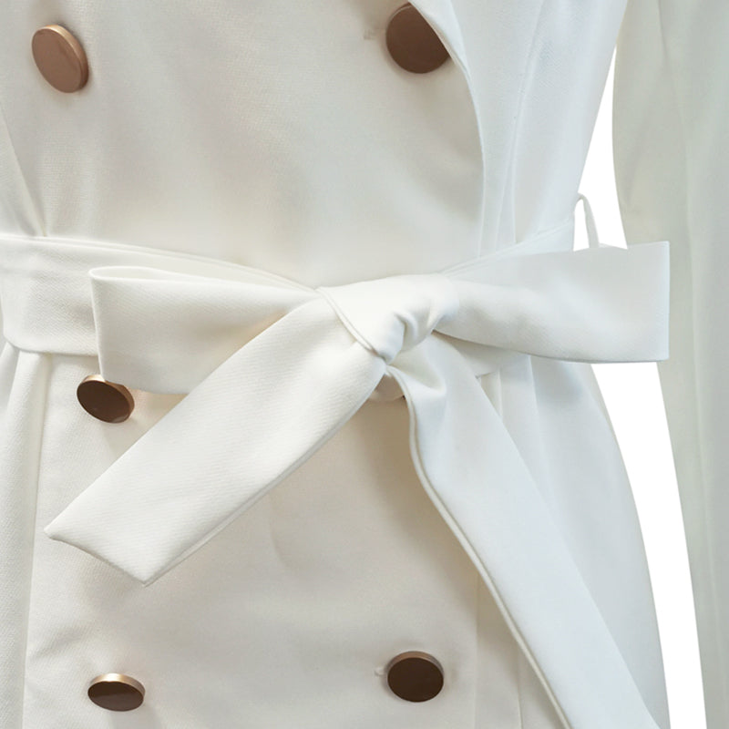 Vintage Pleated Belt Dress Women Notched A-line Long Sleeve Midi Office Dress Patchwork Bottom White Dress Autumn