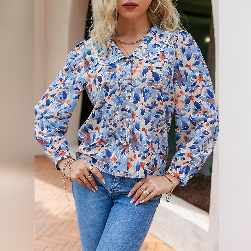 Holiday Floral Peter Pan Women Shirt Blue Bohemia Button Autumn Blouse Shirt Short Retro Casual Ladies Tops