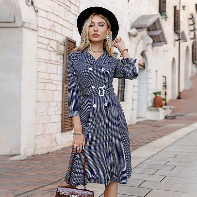Office Polka Dot A-Line Belt Women Dress Elegant Buttons Notched Midi Vestidos Female Long Sleeves Split Blazer Dresses
