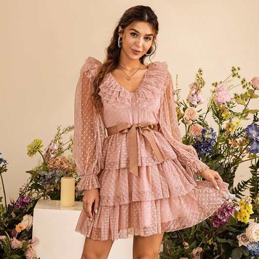 Women High Waist Suspender  Fashion Gauze  Holiday Style Layered Tiered Dress