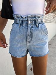 Women Internet Celebrity Retro High Waist Ruffles Elastic Waist Denim Shorts