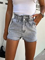 Women Internet Celebrity Retro High Waist Ruffles Elastic Waist Denim Shorts