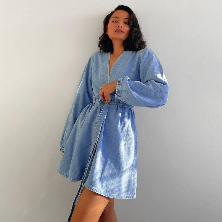 Women'Autumn Winter V neck Long Sleeved Denim Dress High Waist A line Dress