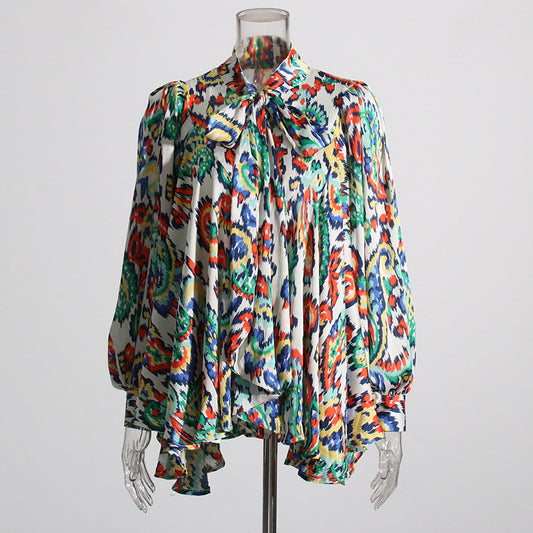 Summer Floral Print Lantern Sleeve Lace up Design Pleated Long Sleeve Shirt Polo Collar Top Women