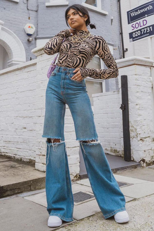 Women Loose Hole Bell-Bottom Pants Jeans Mop Trousers