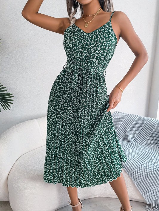 Spring Summer Leisure Floral Mid-Length Pleated Dress Suspender  Women Clothing