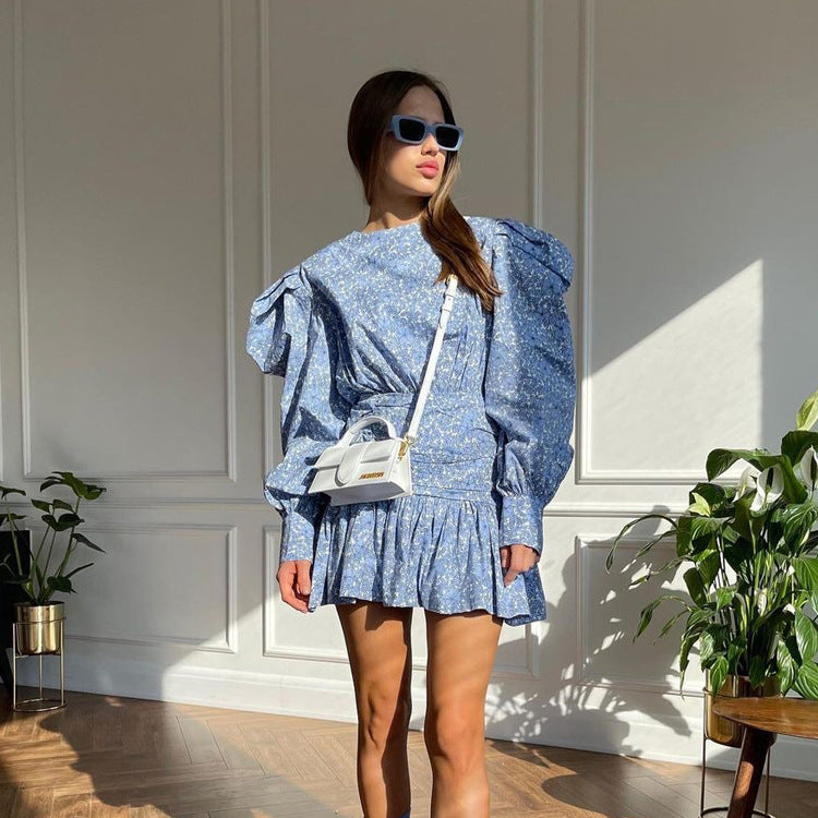 Women Clothing Spring Printed Floral  Dress Long Sleeve Cinched Pleated Casual Dress