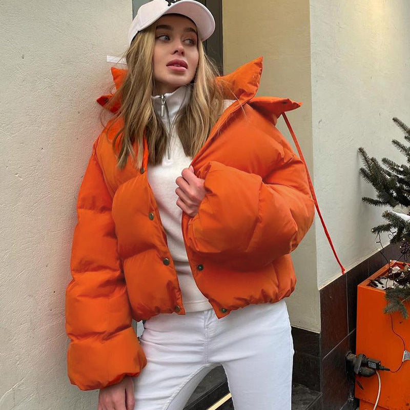 Winter Short Single Breasted Solid Color Hooded Long Sleeve CottonPadded Jacket Office Tops Women