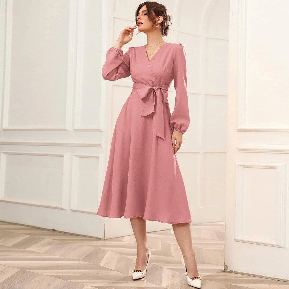 Bubble Sleeve Belt V-neck Long Sleeve Large  Women Midi Dress Spring Summer