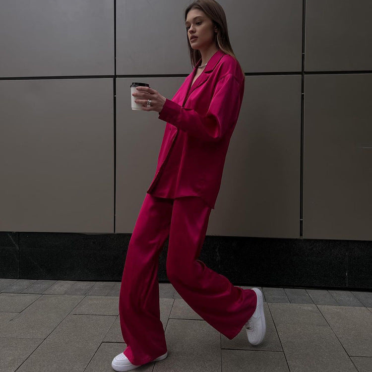 Early Autumn Satin Suit Two Piece Women Fashionable Elegant Long Sleeved Top Wide Leg Pants Suit