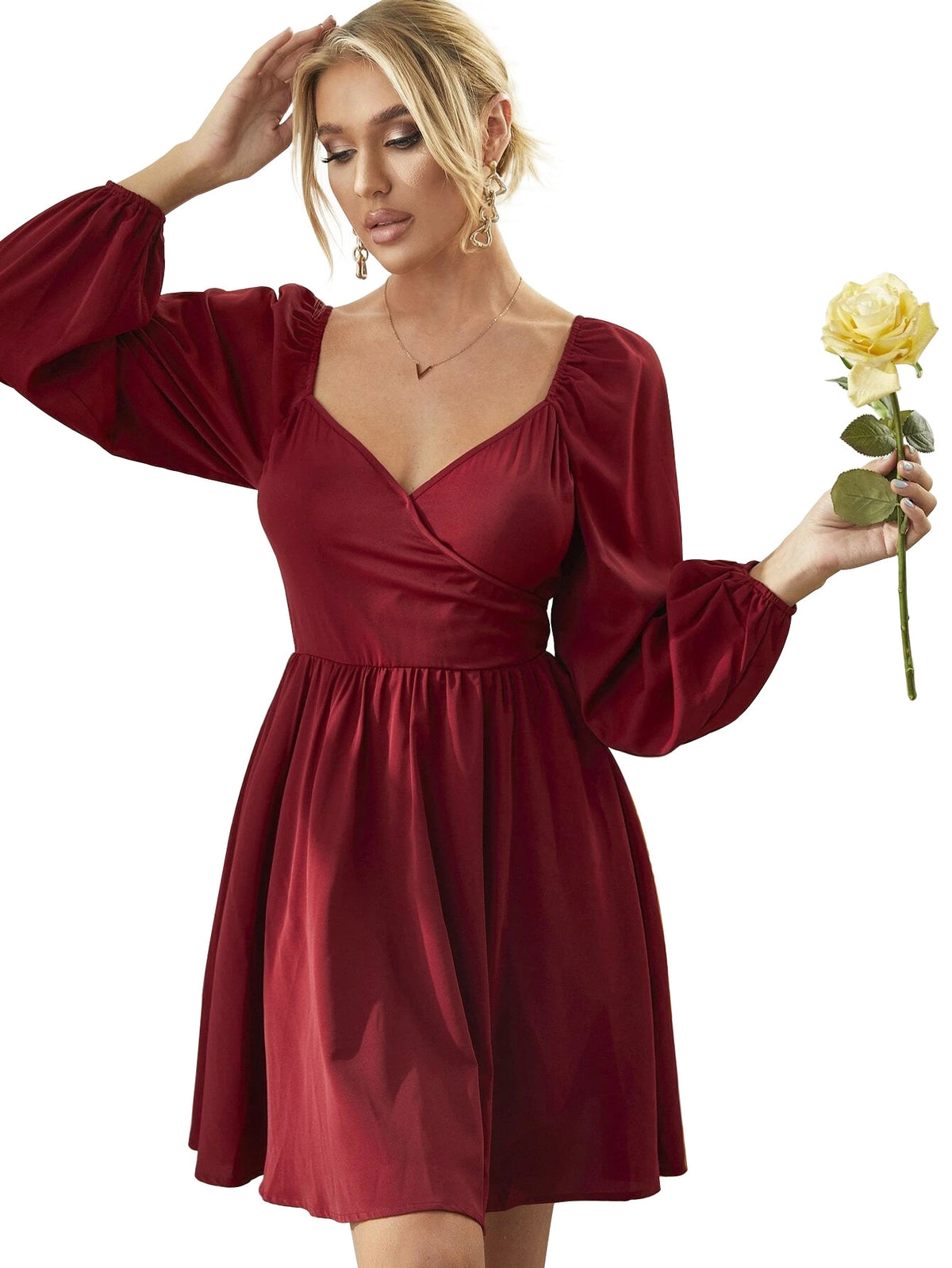 Spring Summer V-neck Puff Sleeve Waist-Tight Long Sleeve Ruffled Women Dress Short