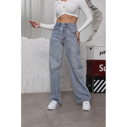 Spring Light Color Denim Women's Casual Jeans Loose High Waist Denim Trousers Women