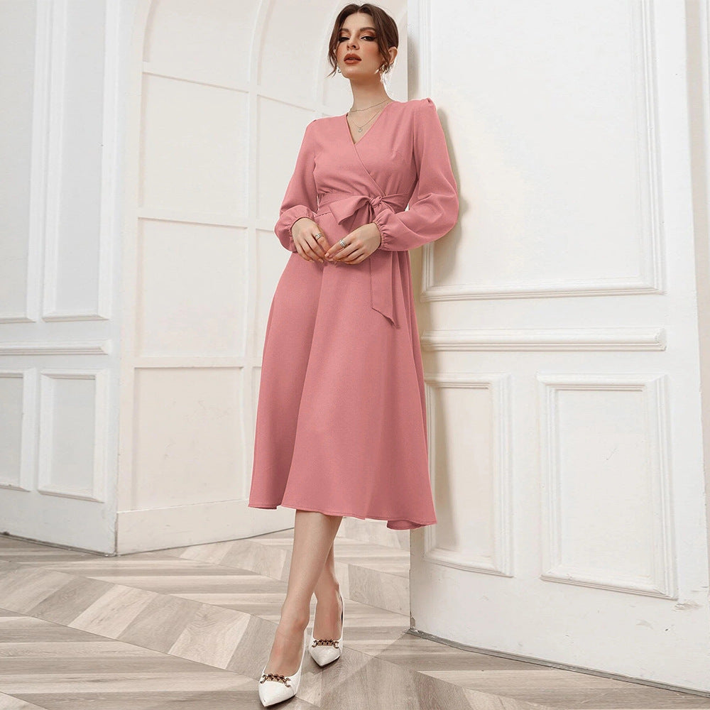 Bubble Sleeve Belt V-neck Long Sleeve Large  Women Midi Dress Spring Summer