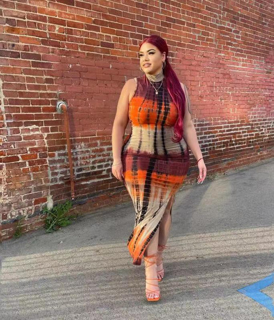 Plus Size Summer  Tight Sexy Tie Dye Split Dress