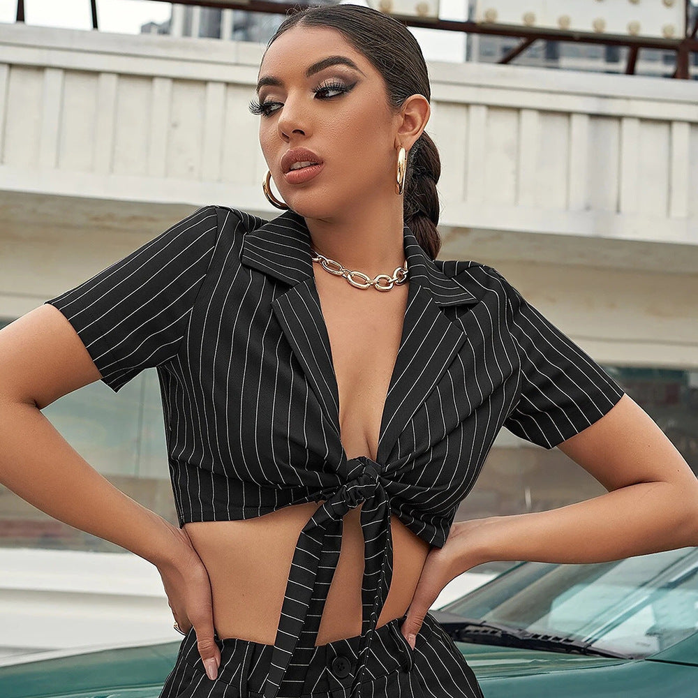 Lapel Lace up Short Women Casual Striped Slim Short-Sleeved