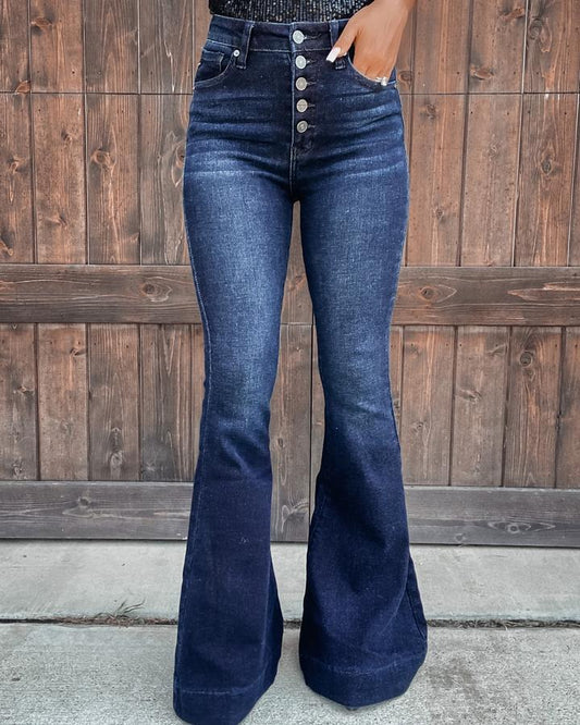 Autumn Winter New Street Fashion Single-Breasted High Waist Flared Jeans