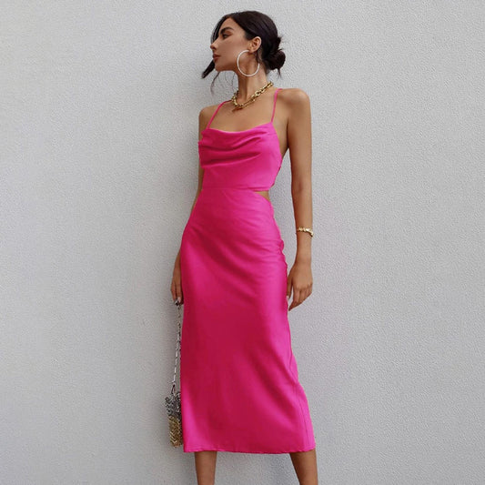 Summer New Sexy Tight Pink Satin Backless Lace up Design Cami Dress