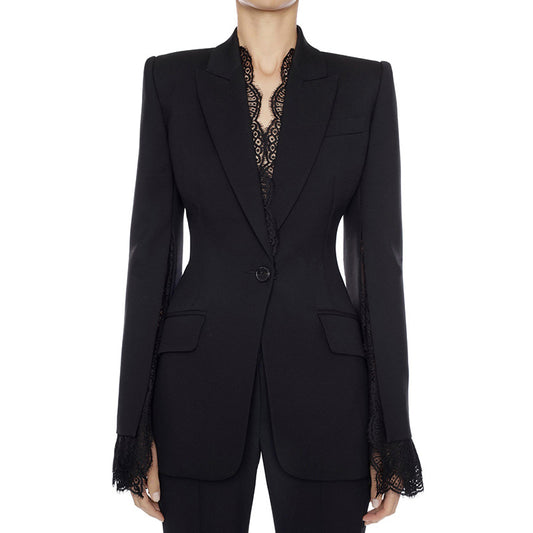 Star Autumn Winter Women Coat Split Sleeve Lace Trim Decoration One Button Slim Fit Small Business Blazer