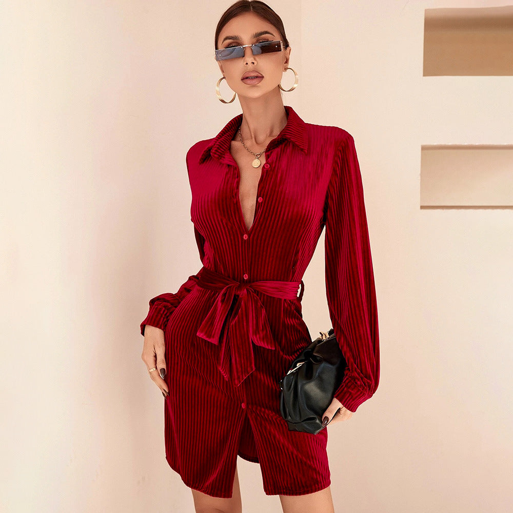 Women Clothing Office A  line Dress Belt Single Breasted Lapel Tencel Long Sleeve Dress