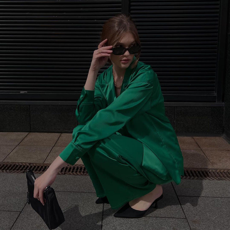 Early Autumn Satin Suit Two Piece Women Fashionable Elegant Long Sleeved Top Wide Leg Pants Suit