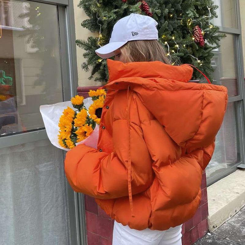 Winter Short Single Breasted Solid Color Hooded Long Sleeve CottonPadded Jacket Office Tops Women