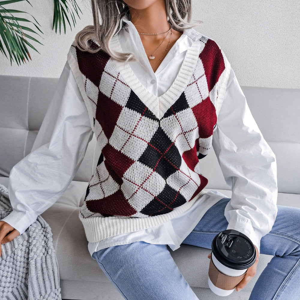 Autumn Winter  College Style Rhombus V-neck Casual Loose Knit Vest Sweater  Women Clothing