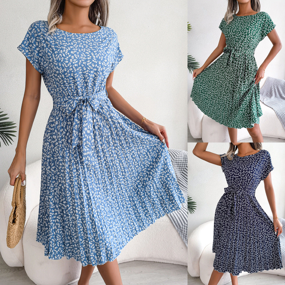 Spring Summer New Casual Short Sleeve Floral Large Hem Pleated   Women Clothing