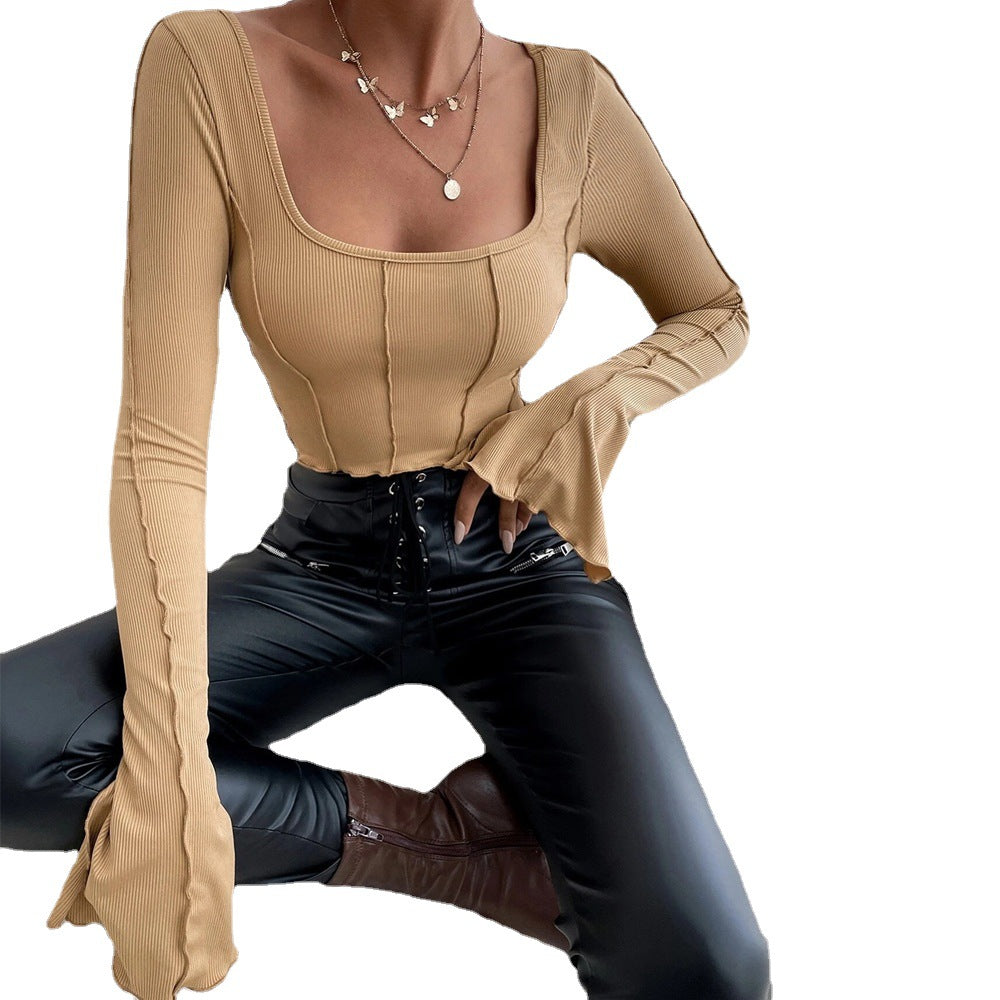 Women Clothing  Autumn Winter Slim Fit Long Sleeve Square-Neck Pullover Knitted Top T-shirt for Women