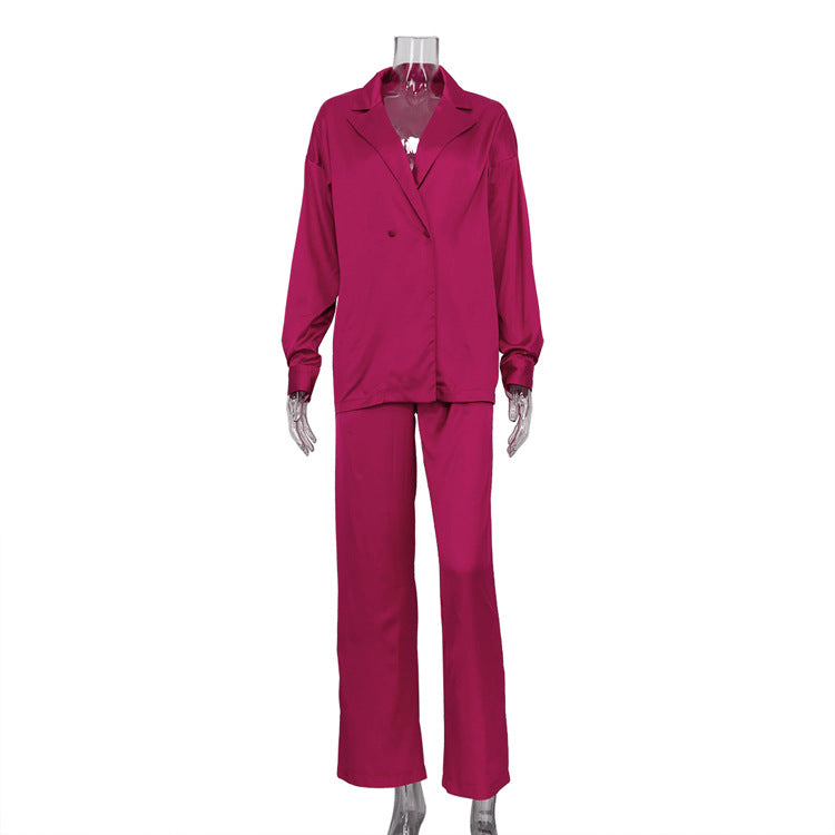 Early Autumn Satin Suit Two Piece Women Fashionable Elegant Long Sleeved Top Wide Leg Pants Suit