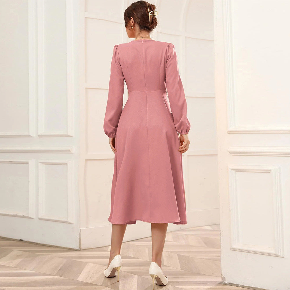 Bubble Sleeve Belt V-neck Long Sleeve Large  Women Midi Dress Spring Summer
