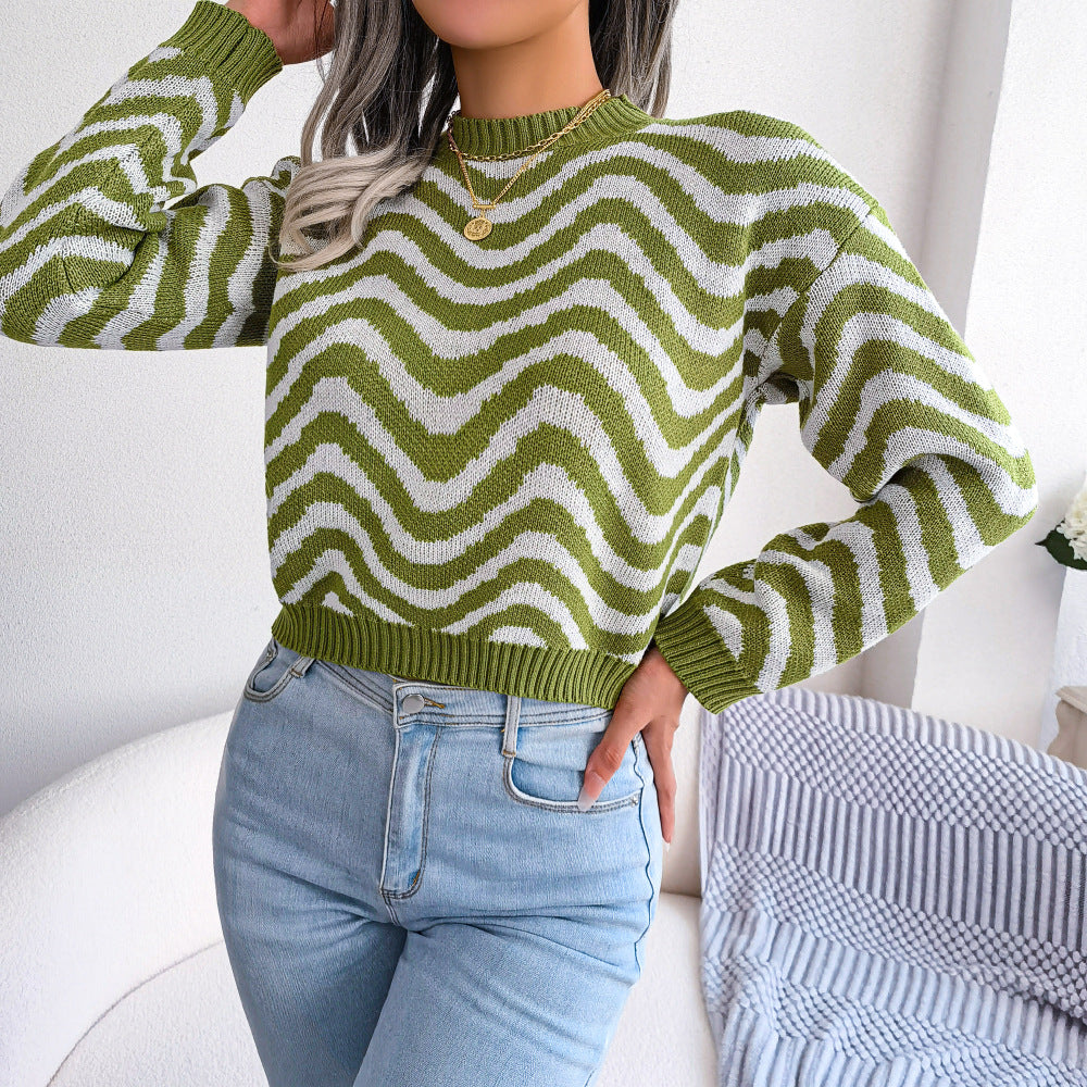 Autumn Winter Street Style Contrast Color Striped Long Sleeve Knitted Sweater Women Clothing