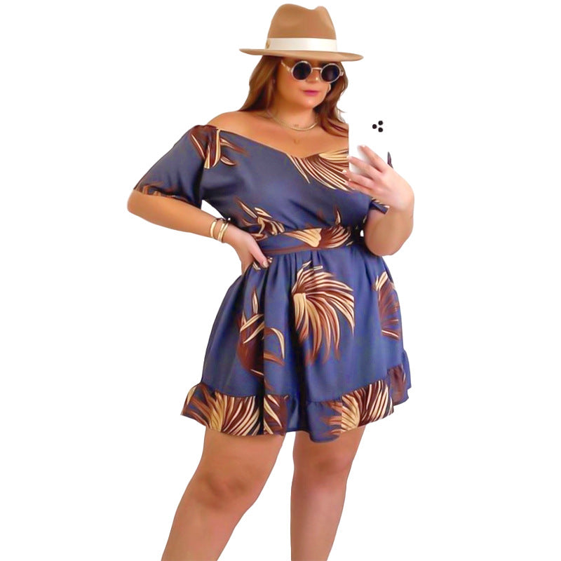 Plus Size New  Women Clothing Digital Printing Spring Summer Dress Lace Skirt