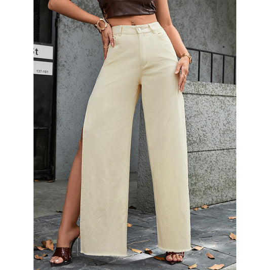 Women Clothing Sexy Trend Split Wide Leg High Waist Slimming Denim Trousers