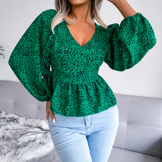 Lantern Long Sleeve Casual Leopard Print Chiffon Shirt Top Women Clothing Spring Summer