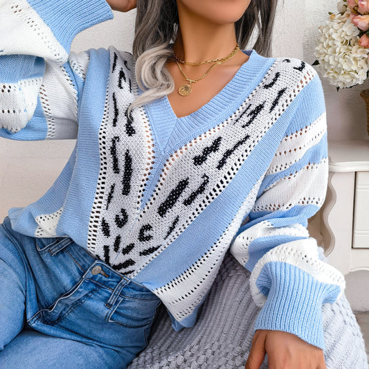 Autumn Winter Contrast Color Leopard Print Lantern Sleeve Knitted Sweater Women Clothing