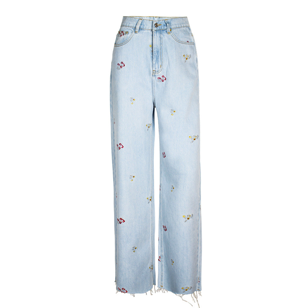 Autumn New Machine Embroidery Jeans Women Slim-Fit Embroidery  Women Autumn Skinny Wide-Leg Pants