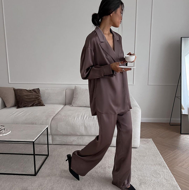 Early Autumn Satin Suit Two Piece Women Fashionable Elegant Long Sleeved Top Wide Leg Pants Suit