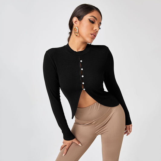 Women Sexy Hollow Out Cutout Button round Neck Outer Wear Inner Wear Skinny Knit