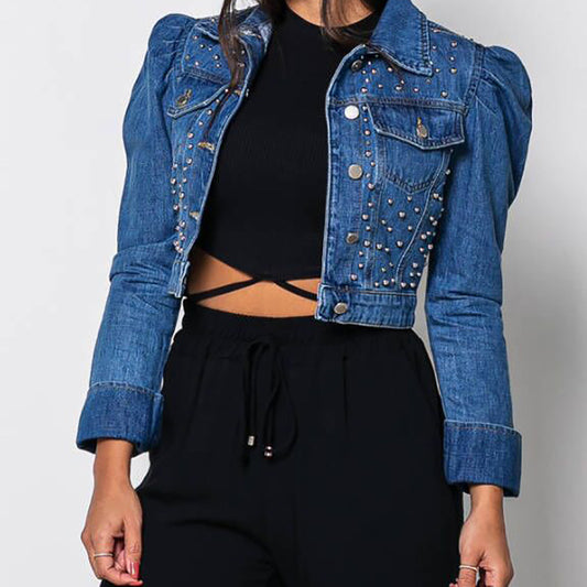 Women Denim Long Sleeve Retro Puff Sleeve Short Beaded Jacket