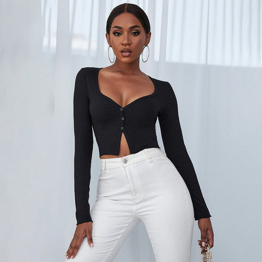 Women Clothing Autumn Winter Slim V-neck Mock Fly Short Long Sleeve Knitted T-shirt Top