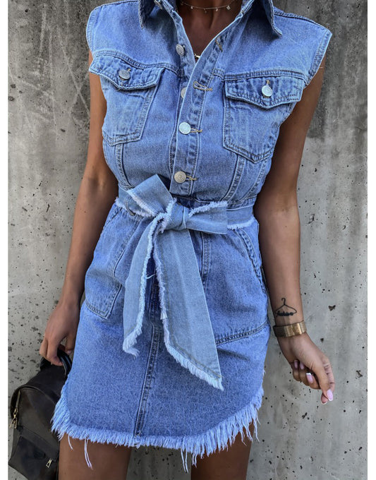 Spring Summer Retro College Style Sleeveless Belt Irregular Hem Denim Dress