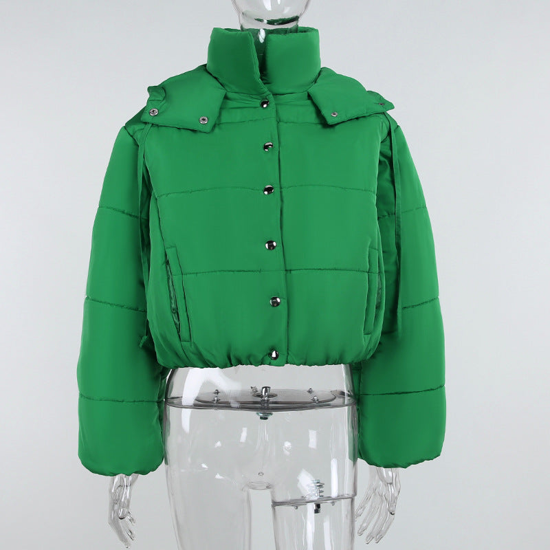 Winter Short Single Breasted Solid Color Hooded Long Sleeve CottonPadded Jacket Office Tops Women
